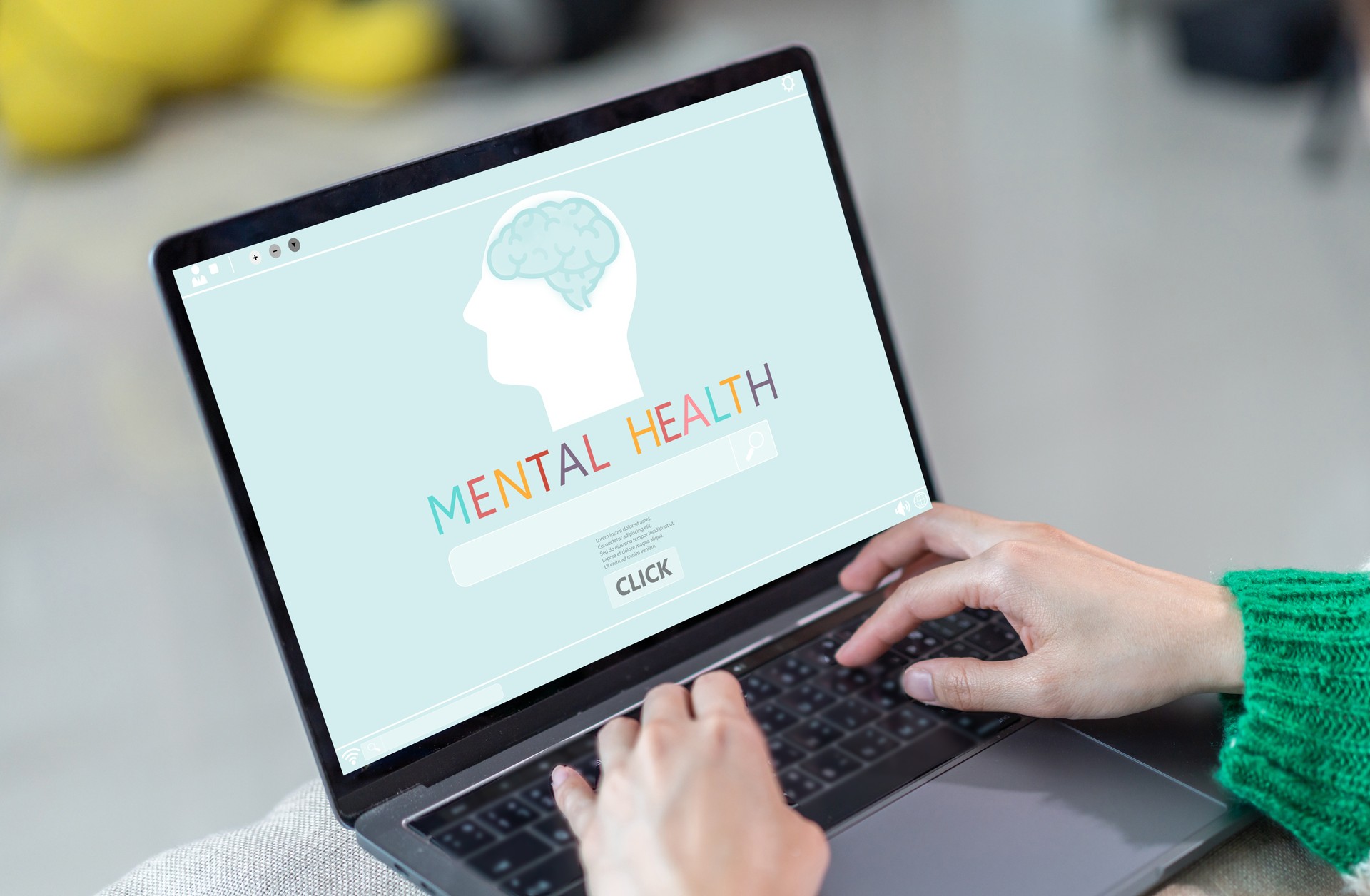 Mental health awareness, human typing on laptop with wellness blogs head and brain physical mental health, care and support, wellbeing, brain health, psychological support, healthcare and mindfulness